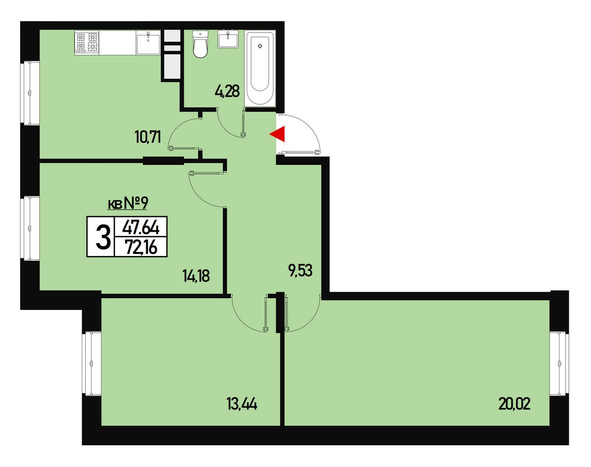 Трехкомнатная квартира 72 м² №9 улица Генерала Донскова, дом 27, корпус 3  купить по цене 6350080 от застройщика в ЖК Борисоглебское деревня Зверево